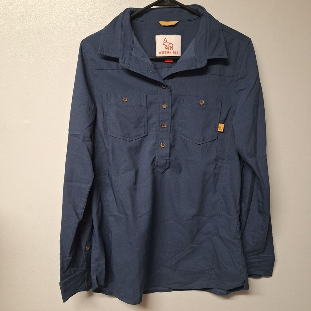 Western Rise Shirt Pullover Half Button Blue‎ Long Sleeve Youth Large Boys